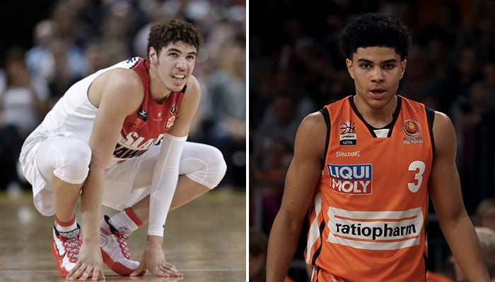 Les deux jeunes meneurs annoncés dans le Top 10 de la Draft NBA 2020, LaMelo Ball (gauche) et Killian Hayes (droite)