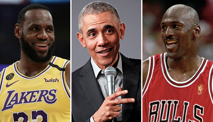 Les deux légendes NBA postulant au statut de GOAT, LeBron James (gauche) et Michael Jordan (droite), entourent l’ancien président des États-Unis, Barack Obama