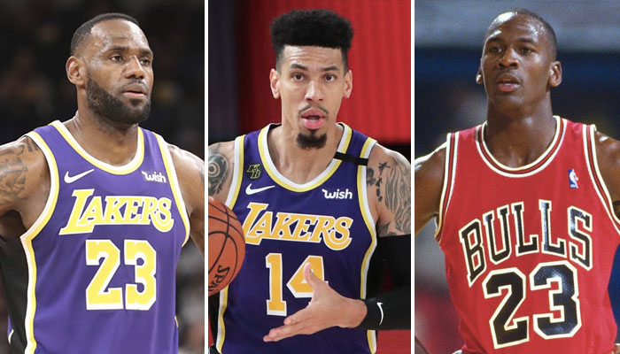 Les stars NBA des Los Angeles Lakers, LeBron James (gauche) et Danny Green (centre), ainsi que la légende NBA des Chicago Bulls, Michael Jordan (droite)