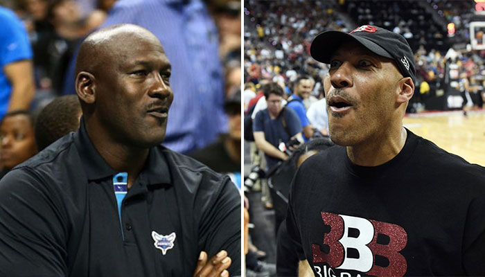 La légende NBA Michael Jordan, propriétaire des Charlotte Hornets, et LaVar Ball, père du jeune meneur de la franchise, LaMelo Ball