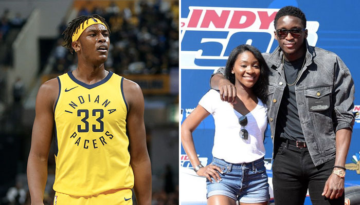 L’intérieur des Indiana Pacers, Myles Turner (gauche), ainsi que l’ancien All-Star NBA Victor Oladipo et sa soeur jumelle, Victoria (droite)