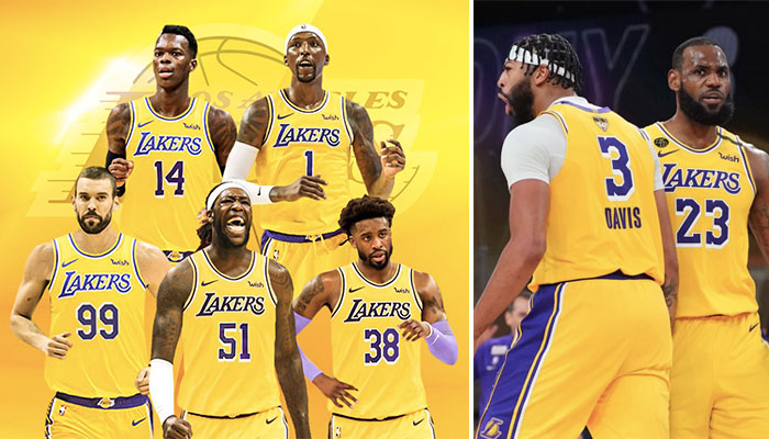 Les nouvelles signatures des Los Angeles Lakers, Marc Gasol, Dennis Schröder, Montrezl Harrell, Kentavious Caldell-Pope et Wes Matthews (gauche), accompagnés des deux leaders et stars de la franchise, Anthony Davis et LeBron James (droite)