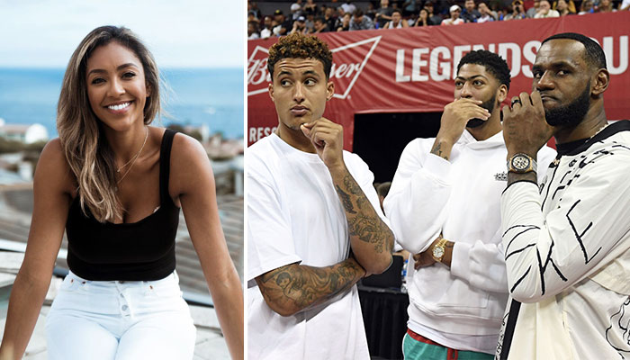 La Bachelorette Tayshia Adams (gauche), et les stars NBA des Los Angeles Lakers Kyle Kuzma, Anthony Davis et LeBron James (droite)