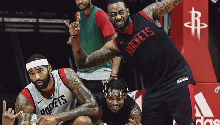 NBA John Wall, DeMarcus Cousins et Danuel House lors d'un entrainement avec les Rockets