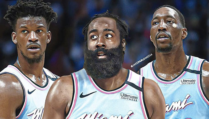 Les stars NBA Jimmy Butler (gauche), James Harden (centre) et Bam Adebayo (droite) sous le maillot du Miami Heat