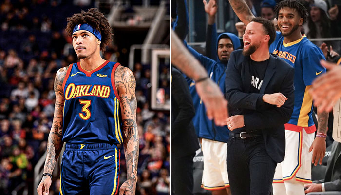 La nouvelle recrue des Golden State Warriors, Kelly Oubre Jr., dans le nouveau maillot de la franchise (gauche), accompagné de ses nouveaux coéquipiers, Stephen Curry et Marquese Chriss (droite)