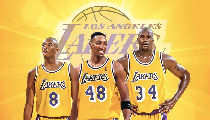 Les légendes NBA Kobe Bryant, Scottie Pippen et Shaquille O’Neal sous le maillot des Los Angeles Lakers