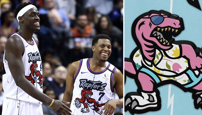Les deux stars des Toronto Raptors, Pascal Siakam et Kyle Lowry, tout sourire devant une proposition de nouveau logo pour la franchise canadienne de NBA