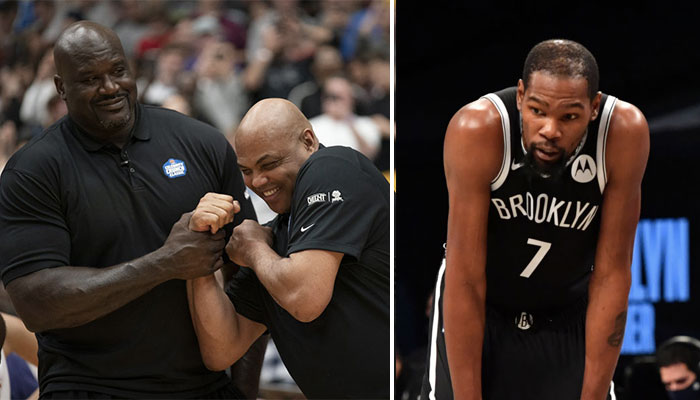 Les deux légendes NBA, Shaquille O’Neal et Charles Barkley (gauche), tout sourire après avoir interrogé la star des Brooklyn Nets, Kevin Durant (droite)