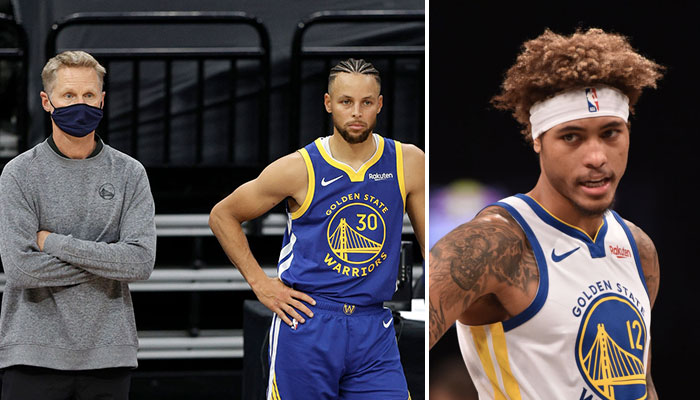 Steve Kerr, l’entraineur des Golden State Warriors, accompagné de la superstar de la franchise, Stephen Curry, regardent avec stupéfaction la recrue de l'équipe, Kelly Oubre Jr.