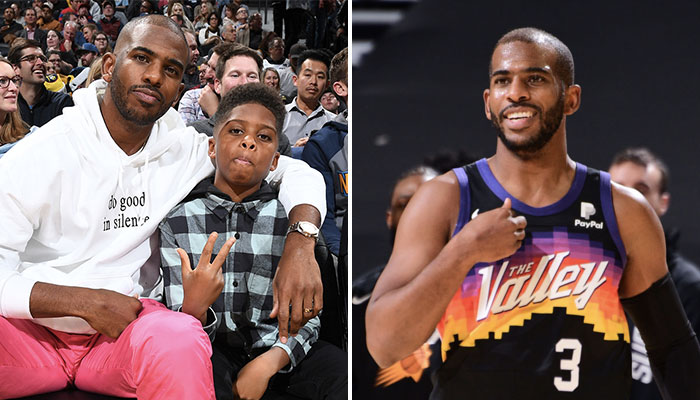 La star NBA des Phoenix Suns, Chris Paul (droite), révèle les textos géniaux envoyés par son fils, Chris Paul Jr. (gauche)