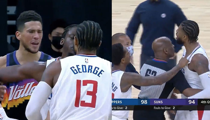Les stars NBA Devin Booker et Paul George s’échangent des mots forts durant la rencontre entre Phoenix Suns et Los Angeles Clippers, arbitres et coéquipiers obligés d’intervenir !