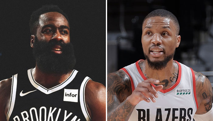 La nouvelle recrue star des Brooklyn Nets, James Harden, sous ses nouvelles couleurs, ainsi que le meneur des Portland Trail Blazers, Damian Lillard