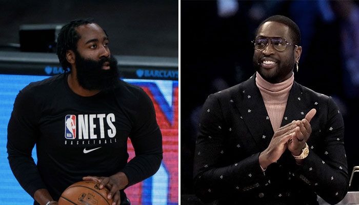 La superstar des Brooklyn Nets, James Harden, ballon en mains et applaudie par la légende NBA du Miami Heat, Dwyane Wade