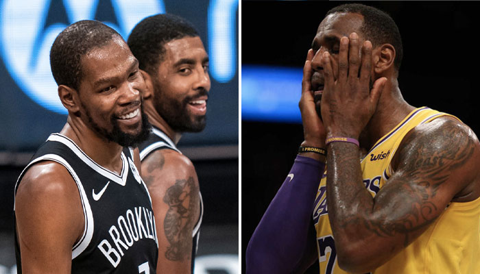 Les deux superstars NBA des Brooklyn Nets, Kevin Durant et Kyrie Irving (gauche), tout sourire, à l’inverse du leader des Los Angeles Lakers, LeBron James (droite)