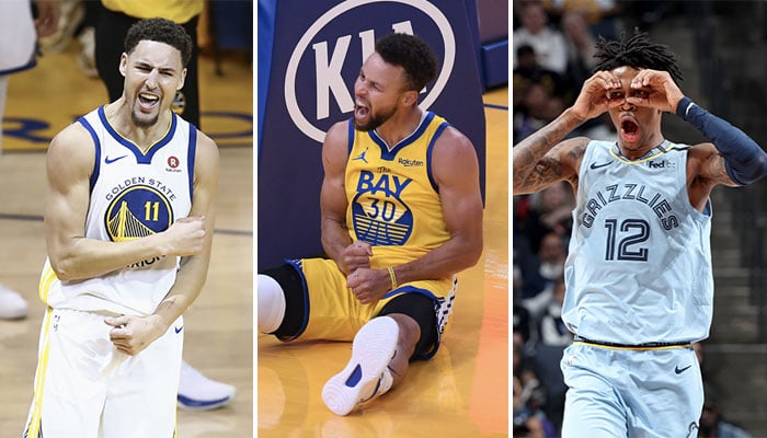 Les stars NBA comme Klay Thompson (gauche) et Ja Morant (droite) réagissent au coup de chaud du leader des Golden State Warriors, Stephen Curry (centre), face aux Portland Trail Blazers