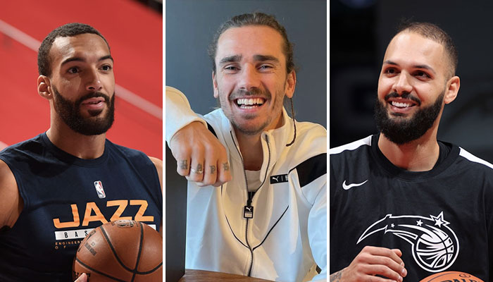 Les deux joueurs français de NBA, Rudy Gobert (gauche) et Evan Fournier (droite), viennent de s'associer avec le footballeur star du FC Barcelone, Antoine Griezmann (centre)