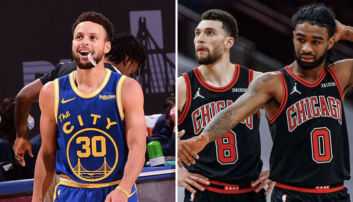 La superstar des Golden State Warriors, Stephen Curry, tout sourire, fait enrager les deux arrières des Chicago Bulls, Zach LaVine et Coby White, pour son salaire démesuré