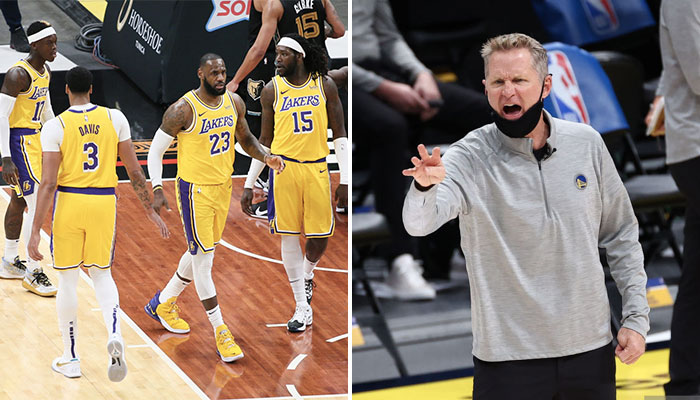 Les joueurs des Los Angeles Lakers, Dennis Schröder, Anthony Davis, LeBron James et Montrezl Harrell, se congratulent pour leur début de saison NBA réussi, mais vont faiblir selon le coach des Golden State Warriors, Steve Kerr