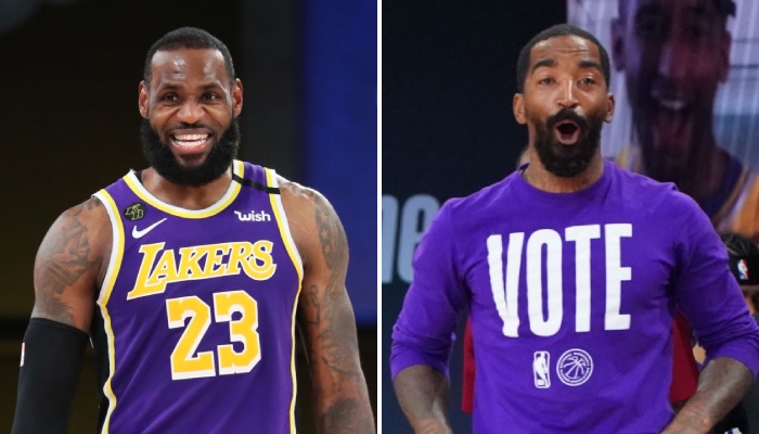 La superstar des Los Angeles Lakers, LeBron James, et son ancien coéquipier, J.R. Smith, surpris et hilares devant le nouveau partenariat mis en place par la NBA
