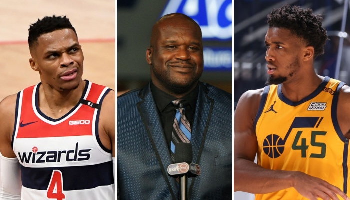Les deux stars NBA, Russell Westbrook (Washington Wizards) et Donovan Mitchell (Utah Jazz), incrédules devant la nouvelles sortie polémique de Shaquille O'Neal à leur sujet
