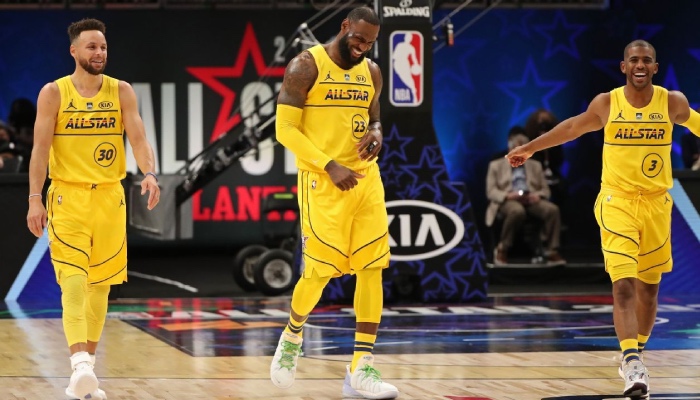 Stephen Curry, Lebron James, et Chris Paul lors du All Star Game NBA 2021