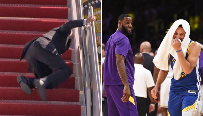 Les superstars NBA des Los Angeles Lakers et des Golden State Warriors, LeBron James et Stephen Curry, hilares devant la chute du président des États-Unis, Joe Biden