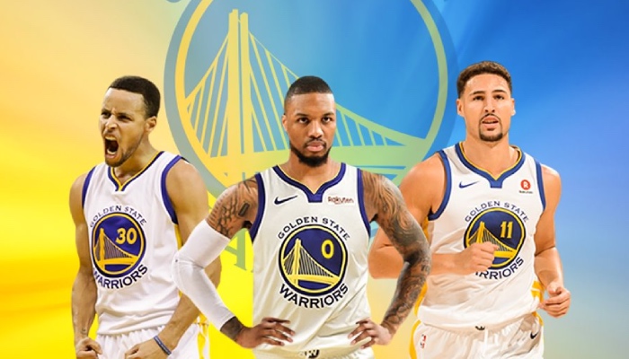 Les superstars NBA Stephen Curry, Damian Lillard et Klay Thompson sous les couleurs des Golden State Warriors