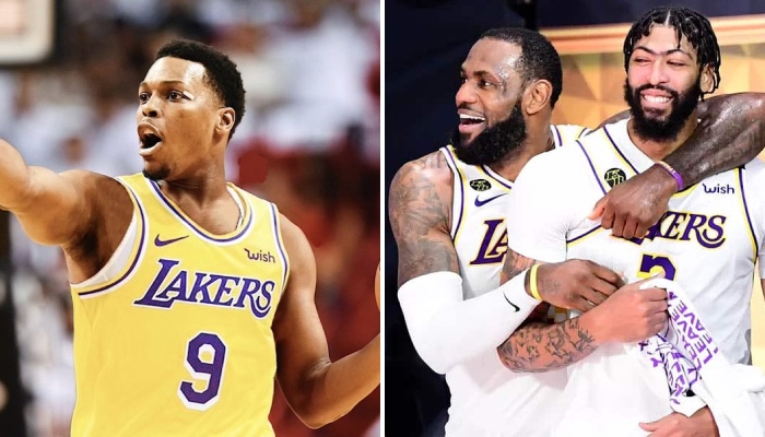 Les stars NBA des Los Angeles Lakers, LeBron James et Anthony Davis, folles de joie devant un montage représentant le meneur des Toronto Raptors, Kyle Lowry, sous les couleurs de leur équipe