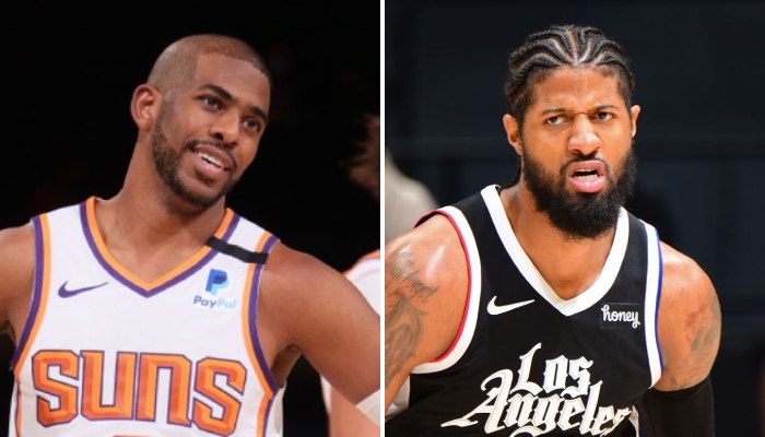 Le meneur star NBA des Phoenix Suns, Chris Paul, tout sourire devant la rage exprimée par l'arrière des Los Angeles Clippers, Paul George, à son égard