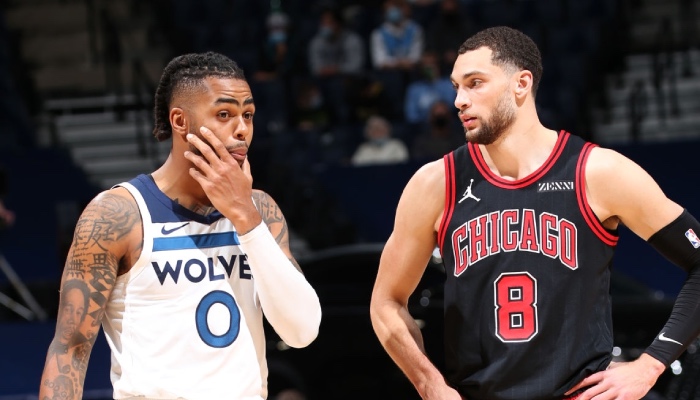 Le meneur NBA des Minnesota Timberwolves, D'Angelo Russell, et l'arrière star des Chicago Bulls, Zach LaVine, sidérés par leur présence dans un terrible Flop 3 all-time