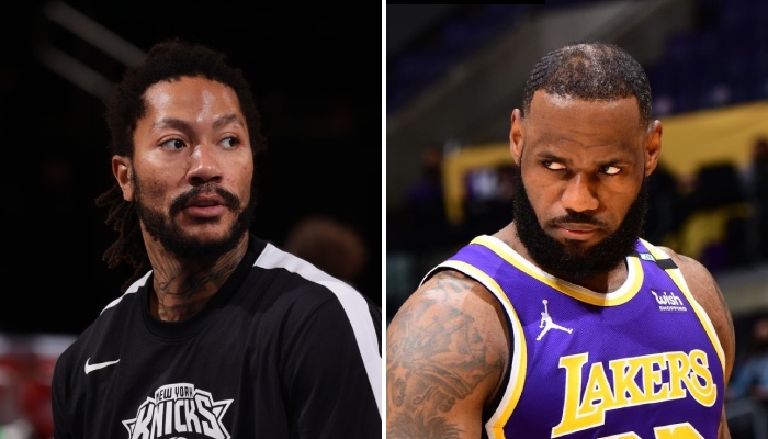 The New York Knicks and Los Angeles Lakers, symbolized here by NBA stars Derrick Rose and LeBron James, are expected to fight for the signing of a league-referenced shooter at the upcoming free agency.