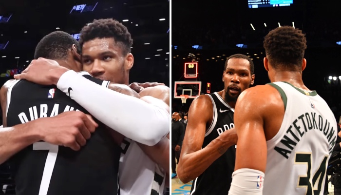 La superstar NBA des Brooklyn Nets, Kevin Durant, félicite le leader des Milwaukee Bucks, Giannis Antetokounmpo, suite au Game 7 entre les deux équipes, lors des playoffs 2021