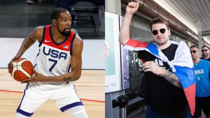 Kevin Durant de Team USA et le Slovène Luka Doncic