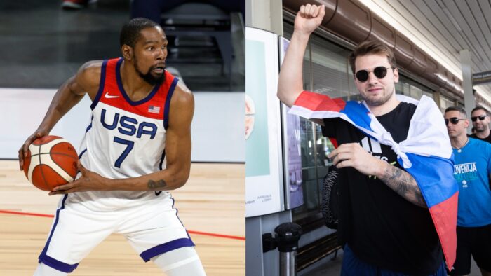 Kevin Durant de Team USA et le Slovène Luka Doncic