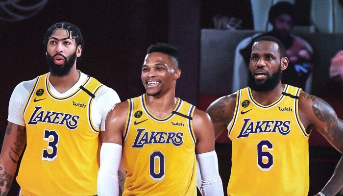 Les superstars NBA des Los Angeles Lakers, Anthony Davis, Russell Westbrook et LeBron James