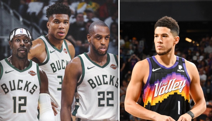 Le Big Three des Milwaukee Bucks, composé de Jrue Holiday, Giannis Antetokounmpo et Khris Middleton, observe leur adversaire lors des Finales NBA 2021, Devin Booker, arrière des Phoenix Suns