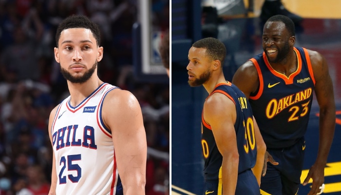 La star NBA des Philadelphia 76ers, Ben Simmons, provoque de gros maux de tête chez les Golden State Warriors, représentés ici par Stephen Curry et Draymond Green