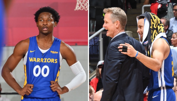 Le rookie NBA des Golden State Warriors, Jonathan Kuminga, a subjugué sa franchise, symbolisée ici par Steve Kerr et Stephen Curry, via son talent caché