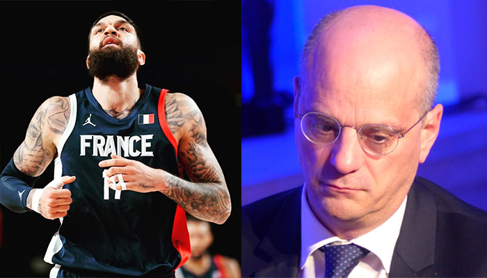 Vincent Poirier puts a big tackle on Minister Jean-Michel Blanquer
