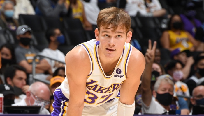 L'arrière rookie des Los Angeles Lakers, Mac McClung, lors d'un match de pré-saison NBA face aux Brooklyn Nets