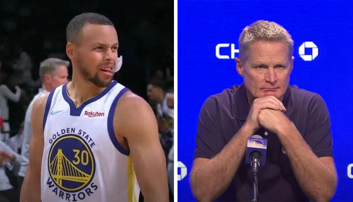 La star NBA des Golden State Warriors, Stephen Curry (gauche) et son entraineur, Steve Kerr (droite)