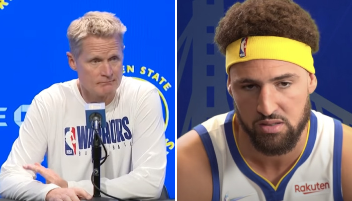 L'entraineur NBA des Golden State Warriors, Steve Kerr (gauche) et son joueur, Klay Thompson (droite)