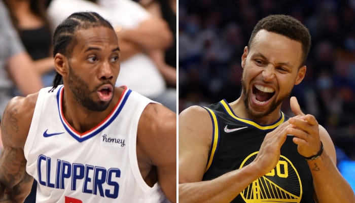 La superstar NBA des Golden State Warriors, Stephen Curry (droite), se réjouit devant l'explosion d'une pépite de la franchise, déjà comparée au leader des Los Angeles Clippers, Kawhi Leonard (gauche)