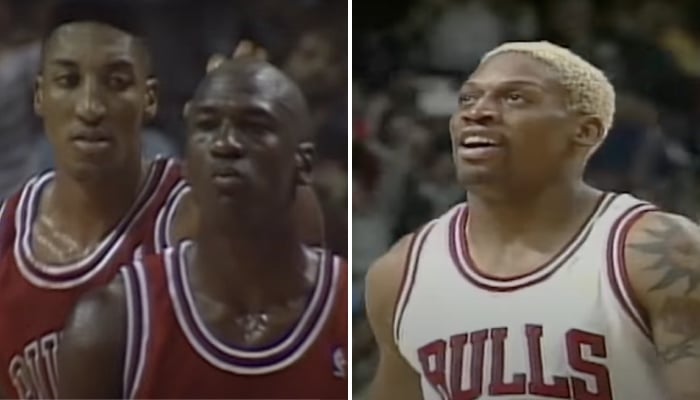 Les trois légendes NBA des Chicago Bulls, Scottie Pippen, Michael Jordan et Dennis Rodman