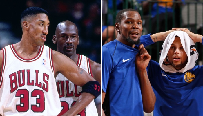 La légende des Chicago Bulls, Scottie Pippen, ici accompagné de Michael Jordan, a crée la polémique au moment d'évoquer le duel fictif entre les Bulls 1996 et les Warriors 2017, portés par Kevin Durant et Stephen Curry