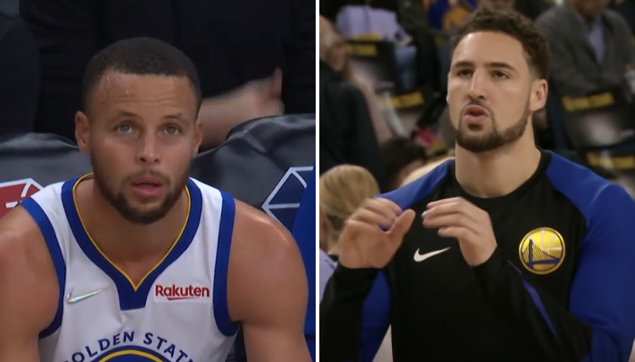 Les superstars NBA des Golden State Warriors, Stephen Curry (gauche) et Klay Thompson (droite)