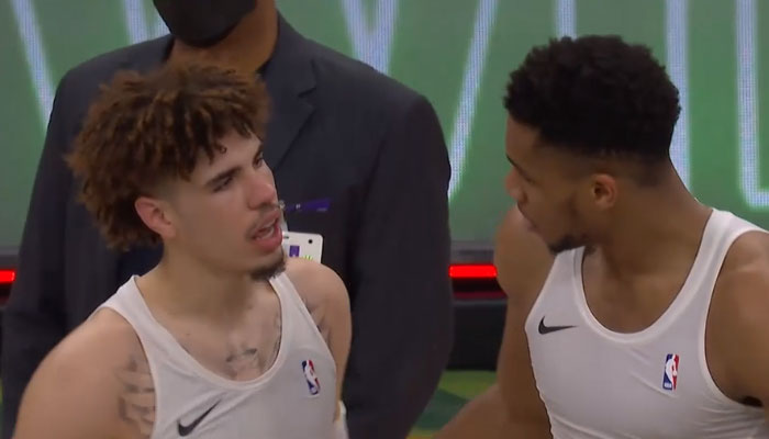 LaMelo Ball et Giannis Antetokounmpo après leur match