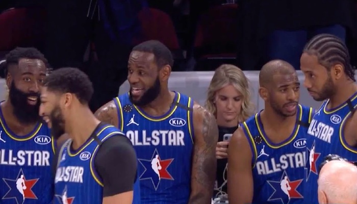 Les superstars NBA James Harden, Anthony Davis, LeBron James, Chris Paul et Kawhi Leonard à l'occasion du All-Star Game 2020