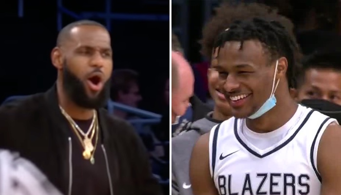 La superstar NBA des Los Angeles Lakers, LeBron James, choquée par la prestation livrée par son fils aîné, Bronny, sur le parquet du Staples Center lors d'un match du circuit high school entre Sierra Cannyon et St Vincent-St Mary's